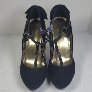 BONGO Black T-Strap Heels with Back Bow